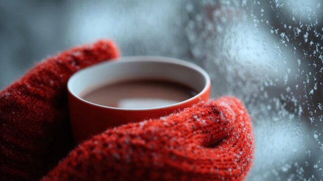 Red mug of hot chocolate being held in a pair of red knitted mittens. the mug is white and has a handle on one side.