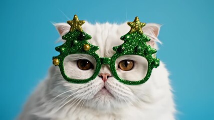 Cat Wearing Christmas Tree Glasses on Blue Background