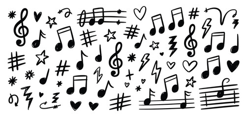 Black And White Hand Drawn Music Notes Symbols And Decorative Elements doodle
