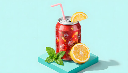 Soft drink can with lemon slice and mint on teal background for Dry January Challenge  