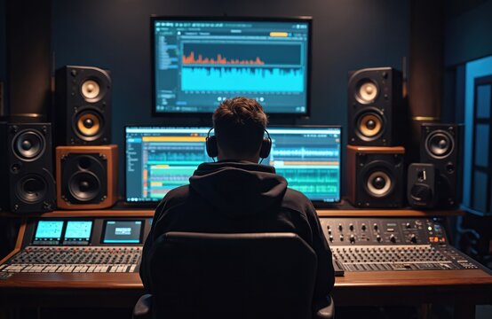 Sound engineer mixes audio track on computer in studio with multiple speakers and audio console. Person listens through headphones adjusting levels on equalizer display for mastering music production.