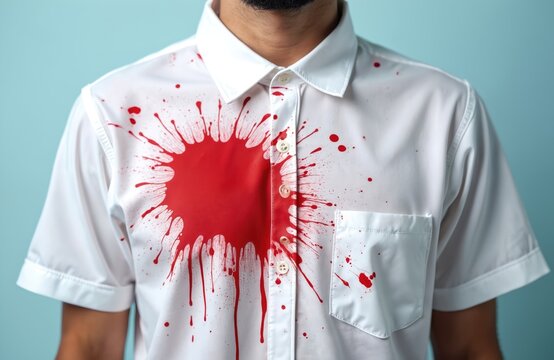 Man in stained white shirt. Red liquid blood splatter. Shirt soiled. Concept of accident stain removal contamination. Unhygienic clothing problem. Hygiene safety issues. Stain on business clothes.