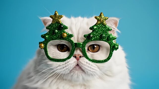 Cat Wearing Christmas Tree Glasses on Blue Background