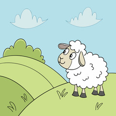 A cute sheep standing on a green hill under a blue sky with white clouds