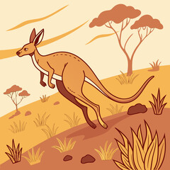 A kangaroo is jumping in the outback with trees and grass in the background
