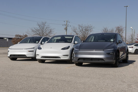 Tesla Model Y EV SUV and Model 3 electric sedan display at a dealership. Tesla will offer both in low-cost standard models.