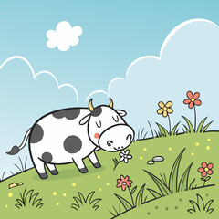 Cute cow enjoying a sunny day in a field of flowers with a blue sky