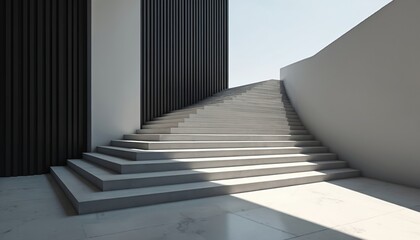 Modern minimalist concrete stairs ascend diagonally against dark ribbed wall. Bright daylight casts strong shadows across clean geometric steps, floor. Ascending geometric lines create perspective in