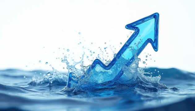 Blue arrow emerges from ocean waves symbolizing upward progress, future growth. Dynamic design represents innovation, rising potential within business context. It conveys success, advancement.