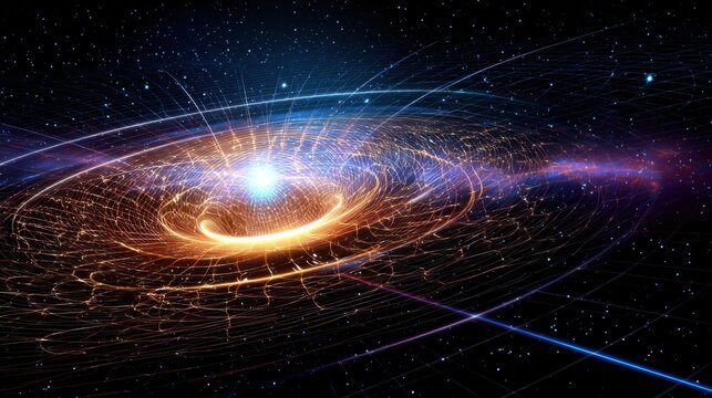 Neutron star emitting gravitational waves, warped space time lines, high energy glow, deep cosmos scene