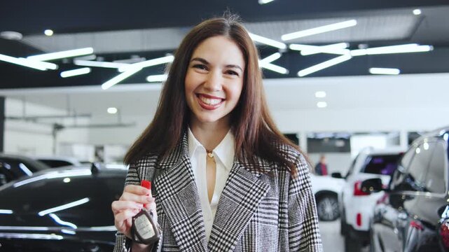Client holding car keys and celebrates new car purchase with saleswoman in bustling automobile dealership during consultation session