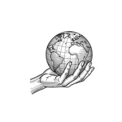 Hand holding the earth engraving Illustration, drawn in an engraved, woodcut style with fine details sketch engraving vector illustration. Scratchboard imitation. Black and white image. flat vector