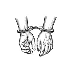 Handcuffed Hands Vector Engraving Illustration, drawn in an engraved, woodcut style with fine details sketch engraving vector illustration. Scratchboard imitation. Black and white image. flat vector