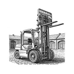 Industrial Forklift Truck Vector Engraving Illustration, drawn in an engraved, woodcut style with fine details sketch engraving vector illustration. Scratchboard imitation. flat vector