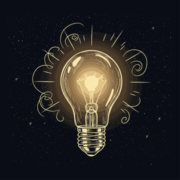 Illuminating Lightbulb Engraving Illustration, drawn in an engraved, woodcut style with fine details sketch engraving vector illustration. Scratch board imitation. Black and white image. flat vector