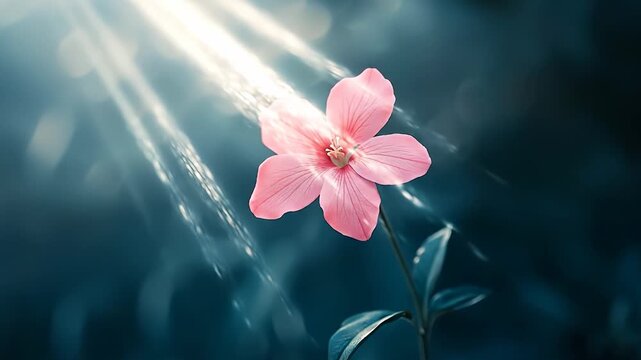 A pink flower stands gracefully, illuminated by soft rays of sunlight. The flower's petals display intricate details, attracting attention in the serene natural setting.