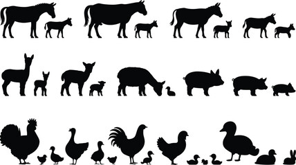 Obraz premium Farm animals silhouettes, baby animals vector, livestock icons, poultry illustration, rural life drawing, educational farm chart, cad drawing flat vector illustration