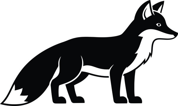 Stylized black and white illustration of a fox standing alert with a bushy tail