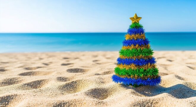 Colorful Christmas tree on sandy beach by the ocean in summer   - Powered by Adobe