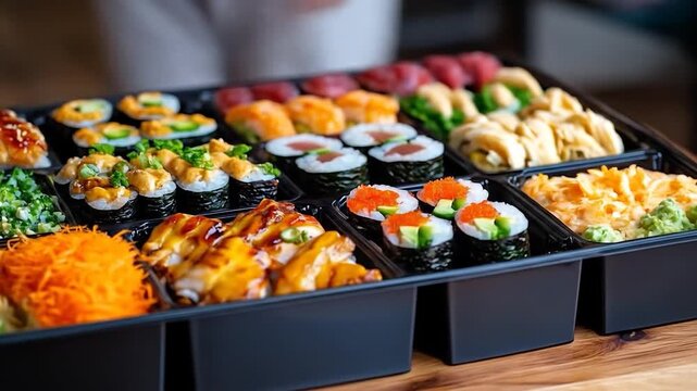 Large assorted sushi platter with various fresh rolls nigiri and maki for a complete meal