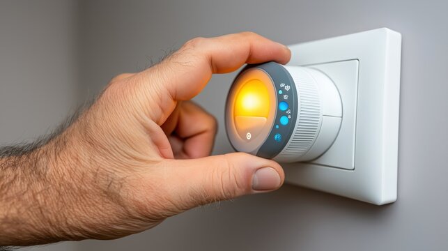 Adult male operates a smart home device seamlessly in a softly lit, contemporary living area