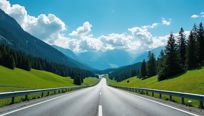 Scenic highway winds through valley on sunny day. Empty asphalt road surrounded by green hills, pine forest. Perfect journey for summer car trip. Travel adventure awaits on beautiful route through