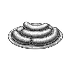 Plate of sausage engraving illustration. Scratchboard imitation. Black and white image. flat vector