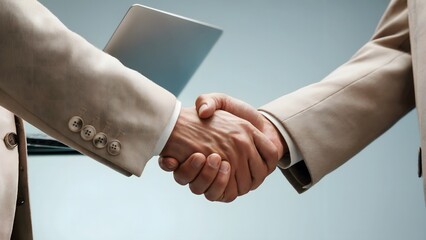 Seal the Deal with a Firm Handshake and Laptop in Background - Business Success, Partnership, and Collaboration, Perfect for Corporate Presentations