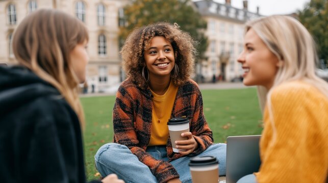 A group of university students enjoys a lively discussion outdoors, immersed in the joy of friendship and learning on campus
