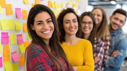 Group of smiling female professionals collaborating on project ideas in an office setting