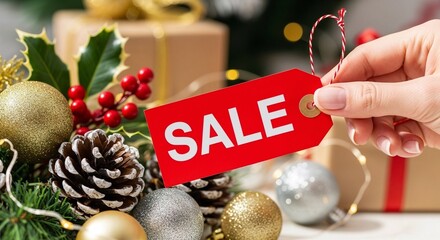 Hand holding red sale tag near Christmas decorations and gifts  