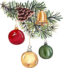 Watercolor Christmas Pine Branch with Ornaments