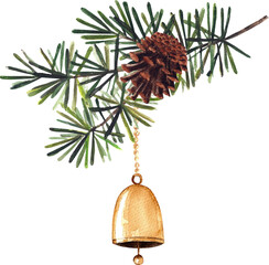 Watercolor Christmas Pine Branch with Ornaments