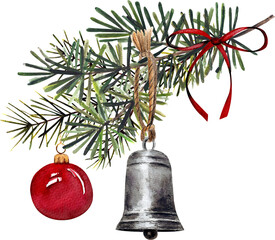 Watercolor Christmas Pine Branch with Ornaments