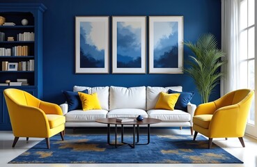 Fototapeta premium Bright blue living room showcasing yellow armchairs white couch. Artwork hangs on wall. Bookcase and plant complement stylish interior design offering comfort and elegance. Modern home concept.