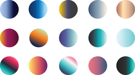 Modern Vector Set of 15 Cool Color Gradient Swatches with Dark and Light Blue, Teal, and Warm Hues for Contemporary UI and Web Design Elements