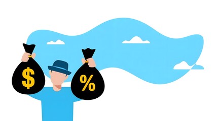Maximize earnings with smart investments and low interest rates showing a man holding bags of money and percentages against a sky background