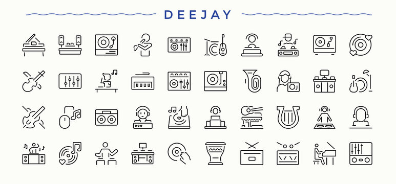 Dj line icon set. Collection of simple line web icons. Contains related to sound, audio, instrument, music, melody. Editable vector illustration. Media icon set.
