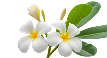 Delicate white plumeria flowers with green leaves against transparent background