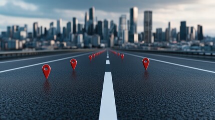Bright red location pin stands on asphalt road leading to a city skyline, representing the beginning of a new adventure and diverse paths to explore