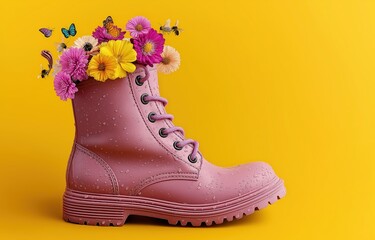 Pink rubber boot overflowing with flowers and butterflies on a bright yellow background