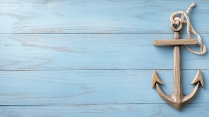 Wooden anchor tied with rope lies on a rich blue background, perfect for conveying nautical vibes while offering space for text