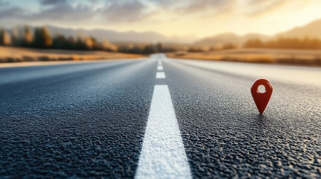A bright red location pin marks the asphalt road surrounded by a stunning forest, illuminated by warm sun rays and soft bokeh