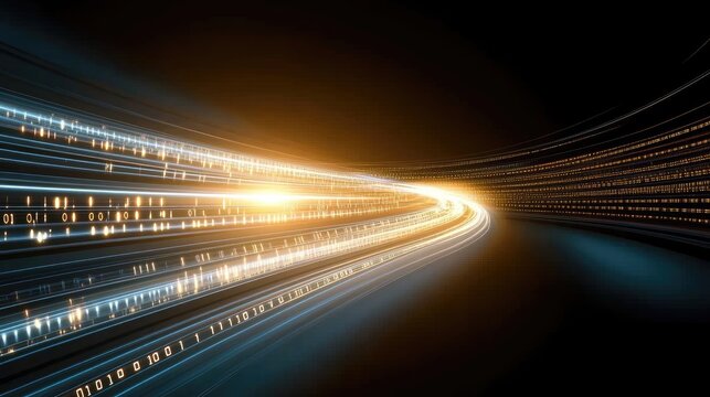 High-speed light trails race through an urban tunnel, highlighting digital data flow with city silhouettes on the sides in a sleek, dark environment