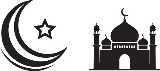Obraz premium Islamic crescent moon and star symbol with a mosque silhouette, representing muslim faith, prayer, and culture on white Vector