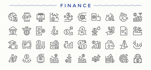 Set of Finance line icon. Includes thin line symbols credit, bank, banking, financial, budget and more. Vector outline icons collection. Financial icon set. Pixel perfect. Editable vector.