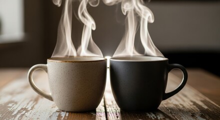 Two steaming mugs of hot beverage sitting on a wooden surface with a blurred background behind them