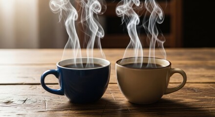 Two steaming cups of coffee on a wooden table creating a warm and inviting atmosphere indoors