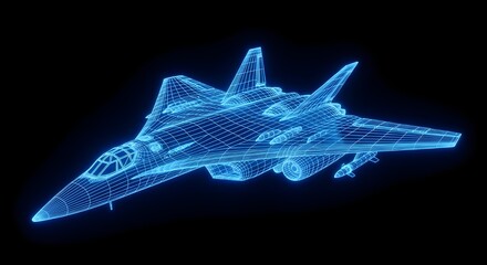 Futuristic Fighter Jet Hologram Wireframe Illustration on Black Background Technology Concept