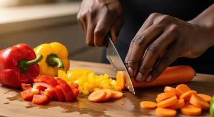Person cutting carrots and bell peppers on a wooden cutting board in a kitchen environment setting